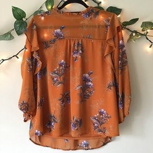 Orange Floral Ruffle Blouse